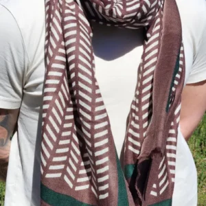 Écharpe cachemire homme marron avec motif chevron blanc et bordure verte, portée avec style par un mannequin masculin.