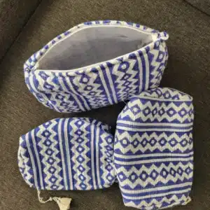 Trio of NEELA Indian handcrafted toilet bags in modern ethnic style.