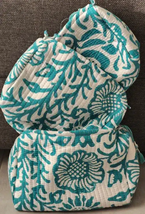 Indira Indian pencil case - 3 sizes with green floral motifs and handmade pompons