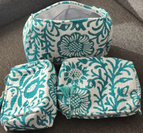 Set of Indira handcrafted toilet bags with green floral block print on cotton