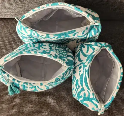 Toilet bag in Indira Indian fabric - waterproof lined interior, view of three sizes