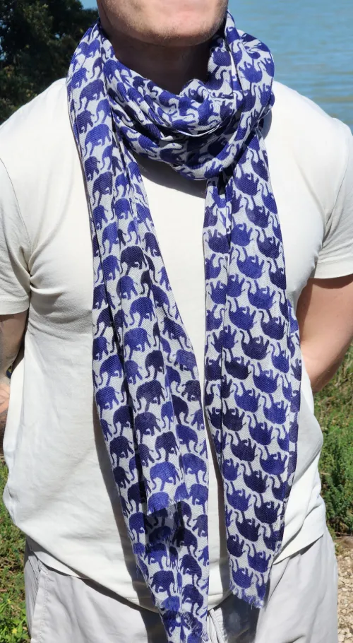 100% natural cashmere stole with blue elephant motif, Indian handicraft fashion accessory worn around the neck
