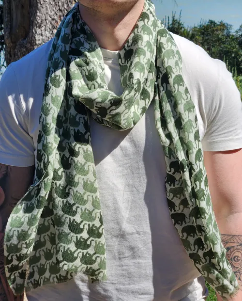 100% natural cashmere stole with green elephant motif, Indian handicraft fashion accessory worn around the neck