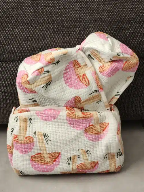 Hand-printed cotton toiletry bag - front view, stacked sizes