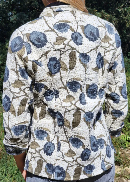 Back view of the Anaya khanta Indian jacket, showing the blue floral motif.